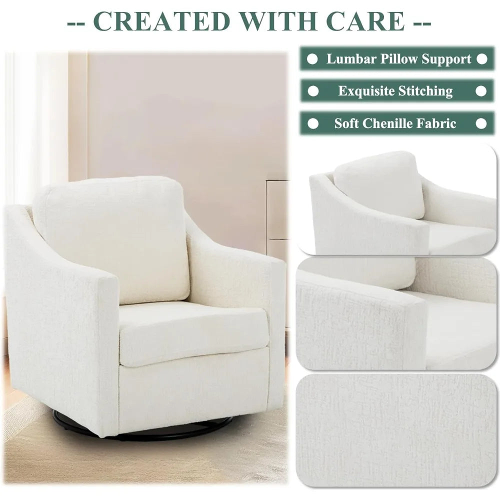 Swivel Accent Chair, 360° Rotation Chenille Fabric Upholstered Leisure Armchair with Lumbar Pillow for Living Room Bedroo