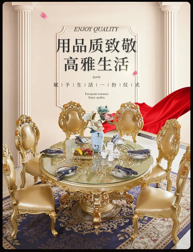A07 European dining table and chair combination glass surface classical luxury solid wood carving flower round table with turnta