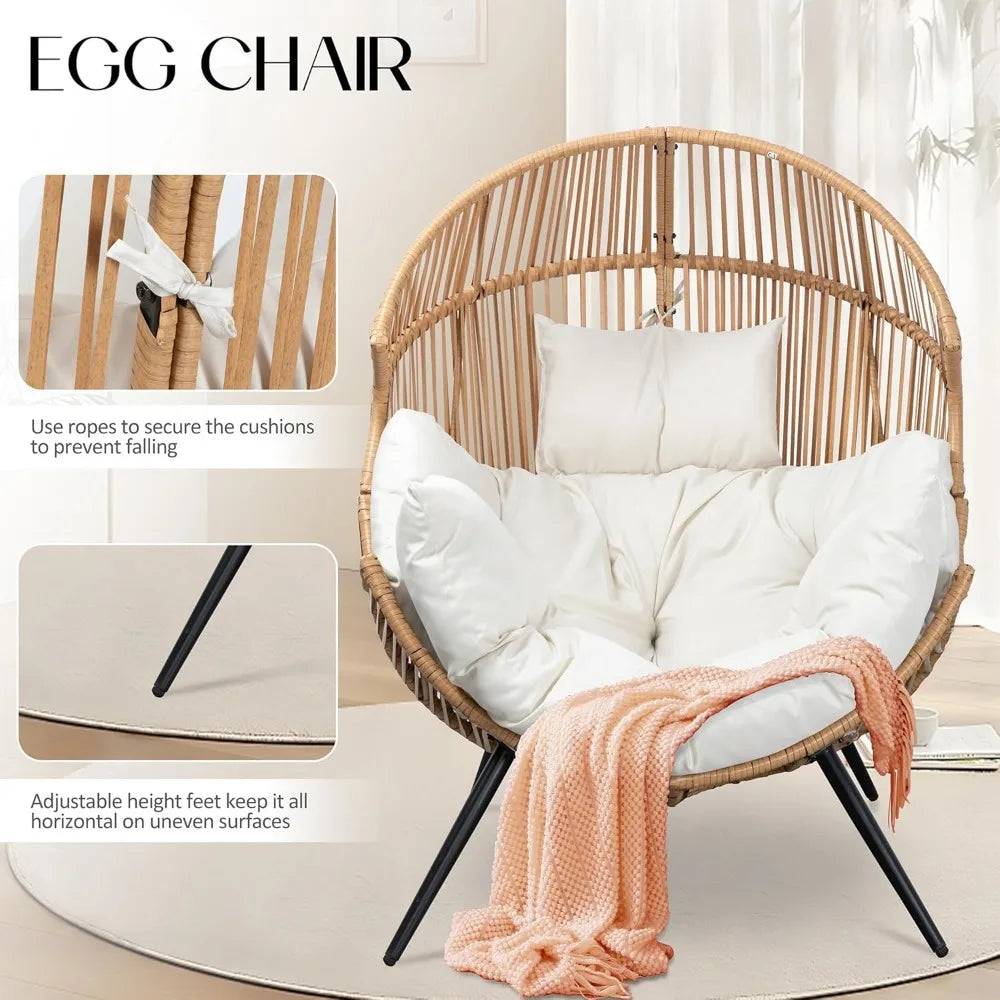 Oversized Wicker Egg Chair with Cushion, Indoor Outdoor Patio Lounger for Living Room Bedroom Balcony