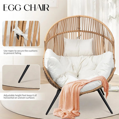 Oversized Wicker Egg Chair with Cushion, Indoor Outdoor Patio Lounger for Living Room Bedroom Balcony