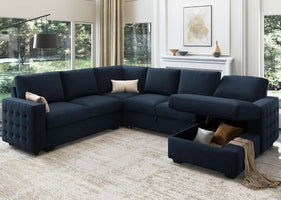6-Seater Velvet Sleeper Sofa, U-Shaped Sectional with Storage for Living Room
