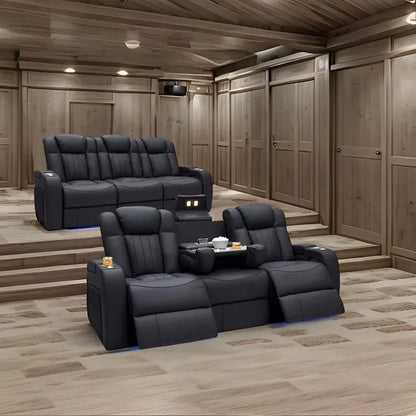3 Seat Adjustable USB Charger Leather Recliner Sofa Home Theater Furniture with Blu-etooth for VIP Movie Room