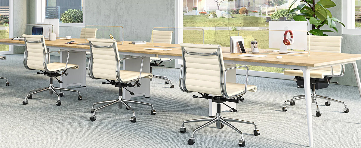 High Mid Back Ribbed Office Chair Genuine Leather Swivel Chair Adjustable Ergonomic Computer Chair with Aluminium Alloy Frame