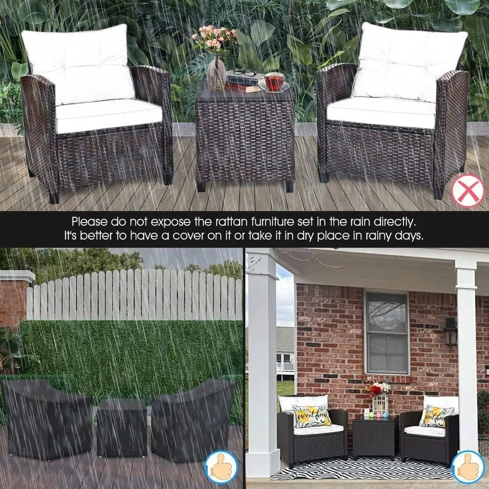 3-Piece PE Rattan Outdoor Sofa Set with Cushions and Glass Table for Patio, Balcony, Garden, Poolside (Red)