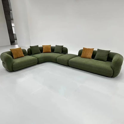 Elegant L-Shape Modular Living Room Sofa Set Modern Curved Green Flannel Wide Sponge Seat Sofas for Apartment Villa Luxury Couch