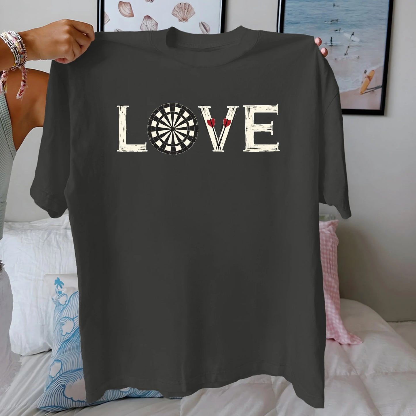 LOVE with dartboard and darts  pure cotton women's Tshirt comfort fit