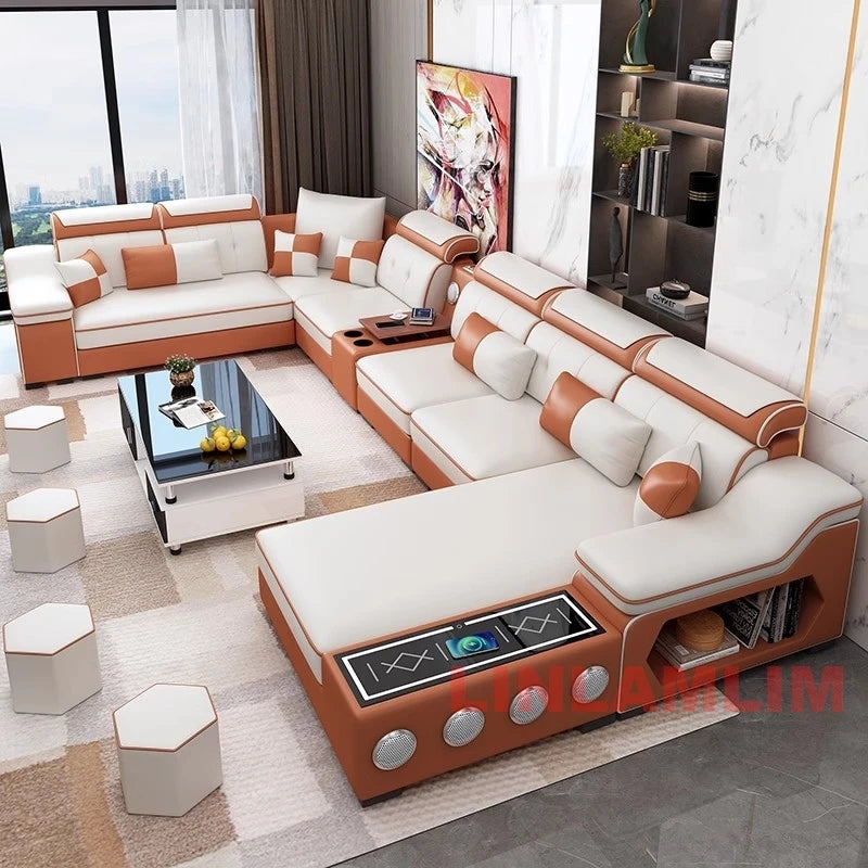 Modern Sectional Sofa with Chaise Lounge, Bluetooth Speakers and USB Ports