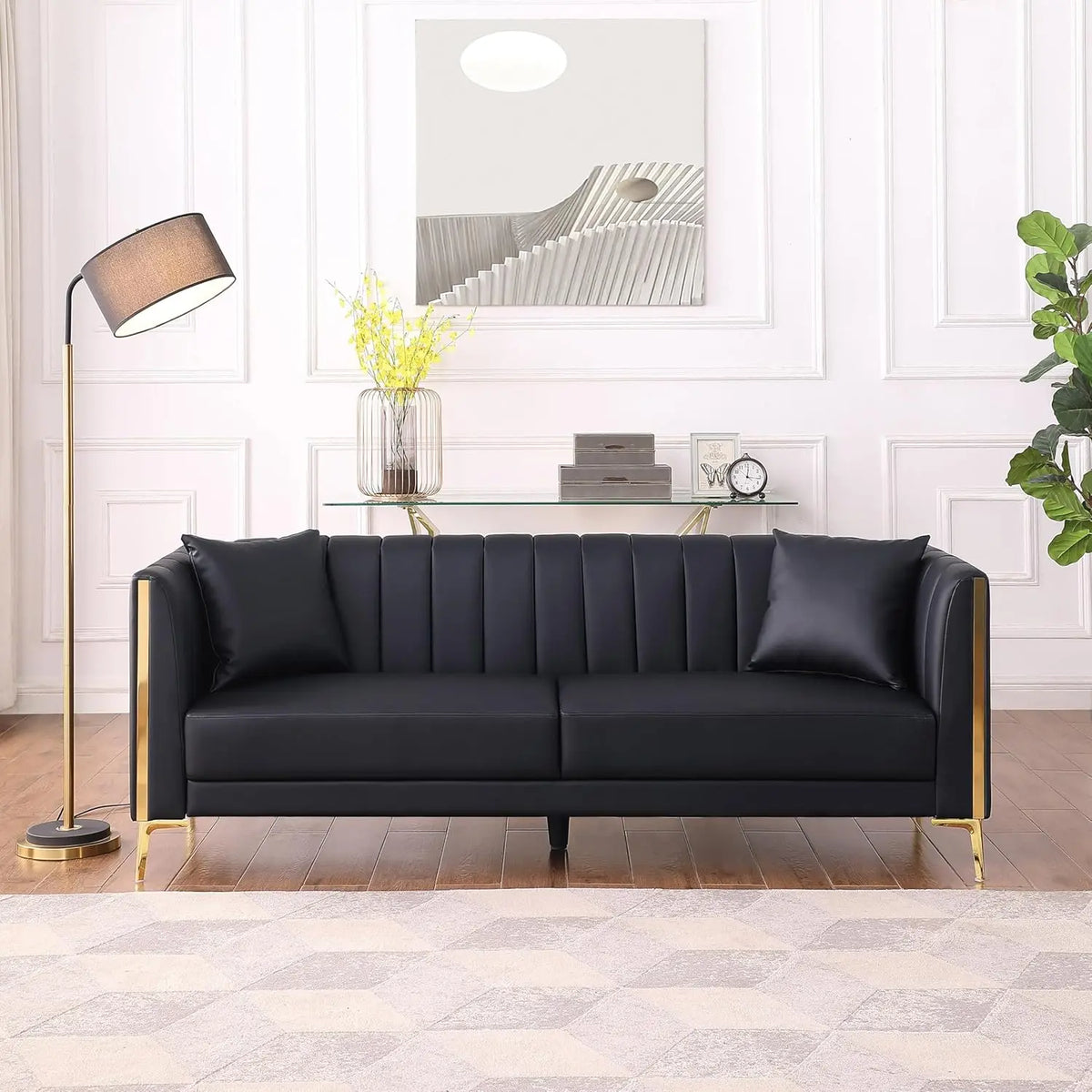 78'' Sofa, Black Couches for Living Room, Comfy Sofas Faux Leather Sofa 3 Seater Couches with 2 Throw Pillows and Gold Metal
