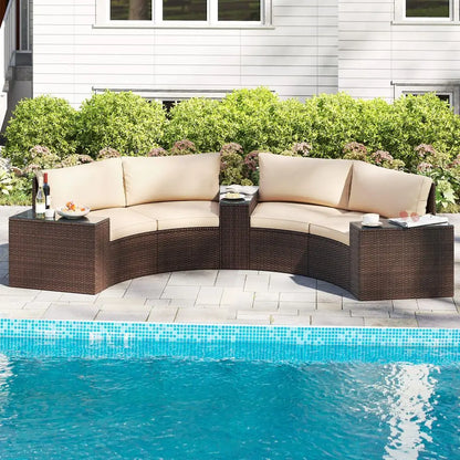 5 Pieces Patio Furniture Set, PE Rattan HalfMoon Curved Sectional Sofas with Tempered Glass Top Side Tables, Outdoor Conversati