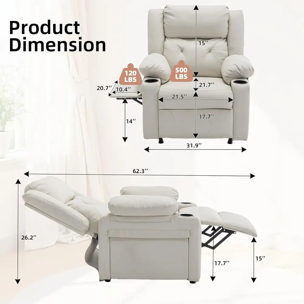 Beige Leatherette Recliner with Vibration Massage, Heat and Side Table for Living Room or Home Theater