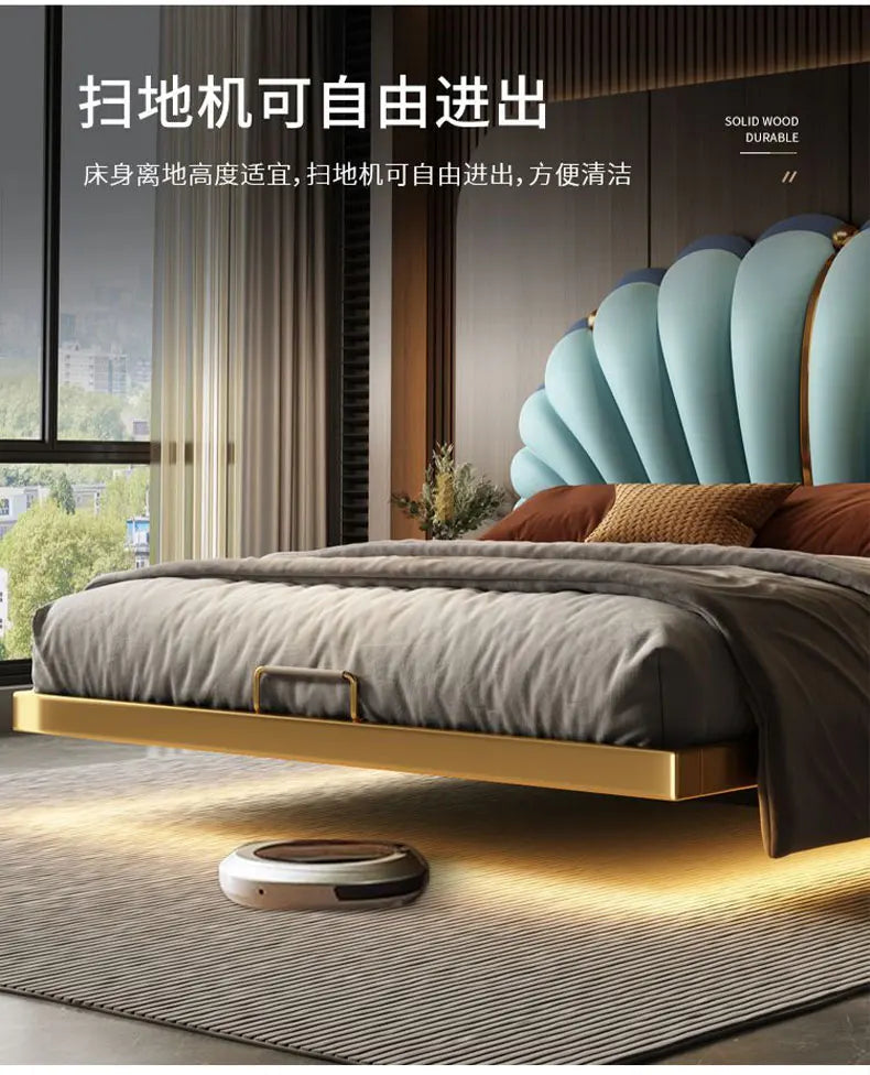 Luxury Beds 2 People Frame Floating Light Luxury Leather LED Lamp Double Bed Pink And Blue Queen Bed Frames Bedroom Furniture