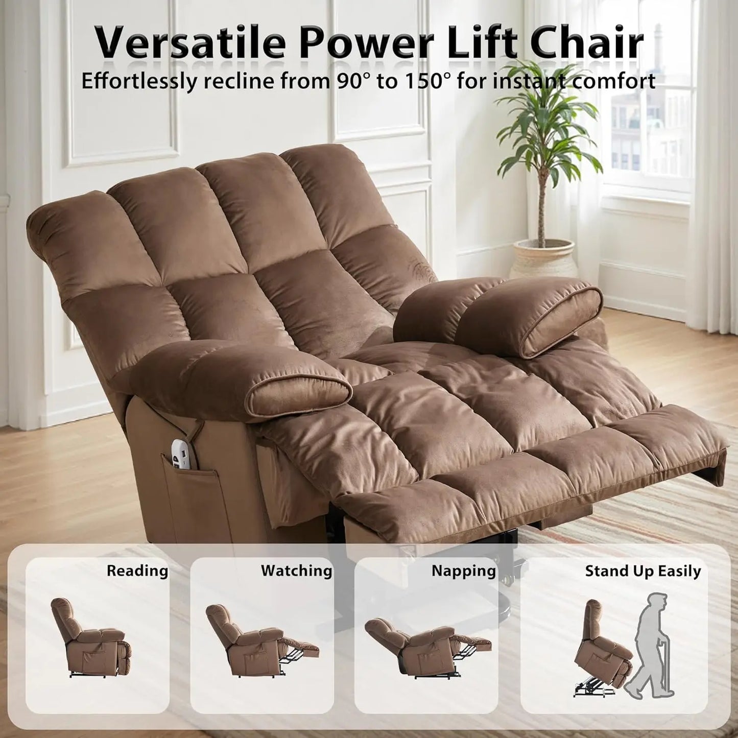 Electric Velvet Power Lift Recliner Chair with Heat Massage And Side Pockets for Elderly Home Theater Seating Customized Comfort