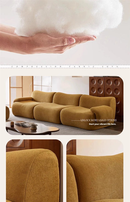 Vacuum-Compressed Modular Sofa, Wabi-Sabi Sherpa Fabric Sectional with High-Elastic Foam, Cream Mid-Century Style, Space Saving