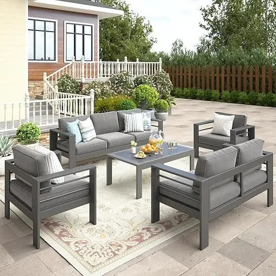 5-Piece Outdoor Patio Set, Grey Sectional Furniture with Upgraded Cushions for Garden & Backyard
