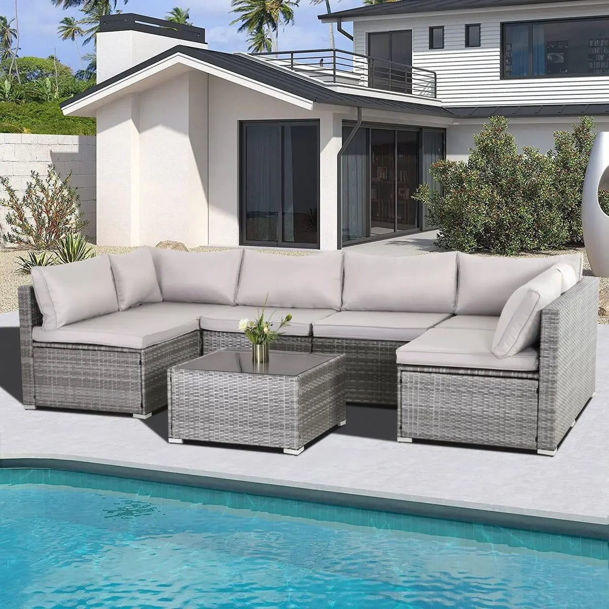 y 7-piece courtyard furniture set, modular wicker outdoor segmented sofa, PE wicker outdoor setL  W   H  28.5*25.6*25.6 inch