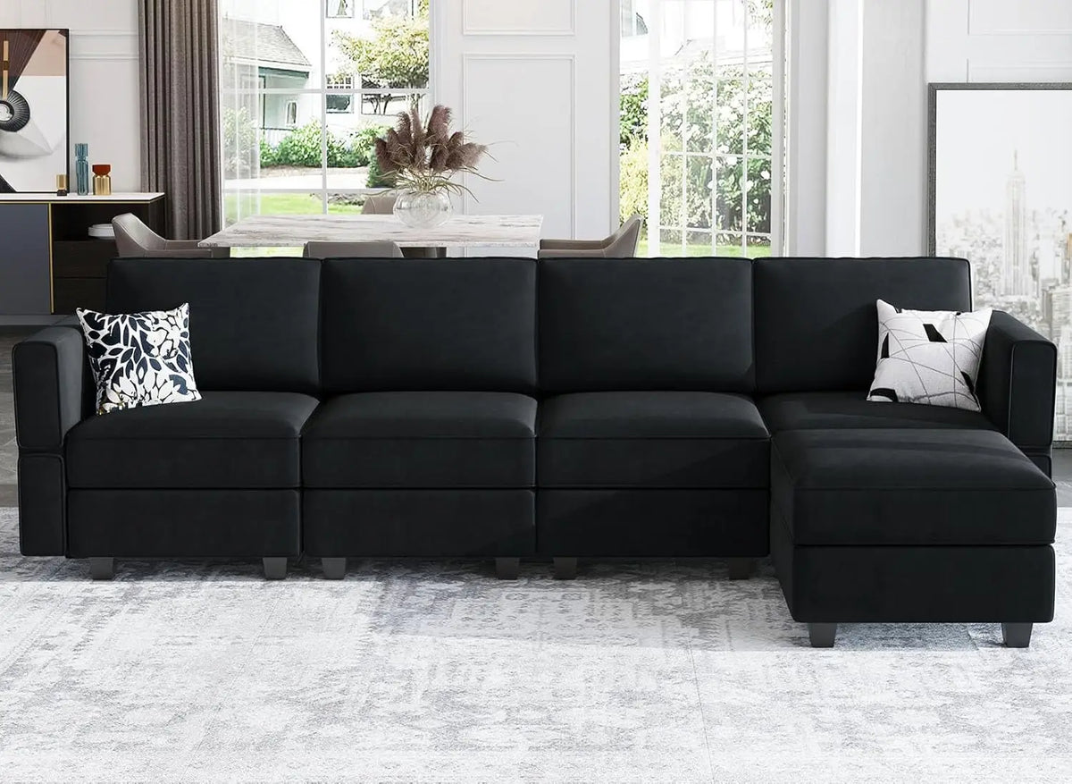 Grey Velvet Modular Sectional Sofa L-Shape Reversible Chaise Storage 4-Seat Living Room, Customized