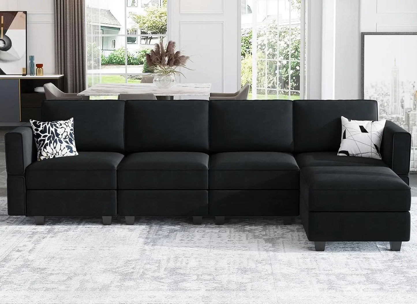 Grey Velvet Modular Sectional Sofa L-Shape Reversible Chaise Storage 4-Seat Living Room, Customized