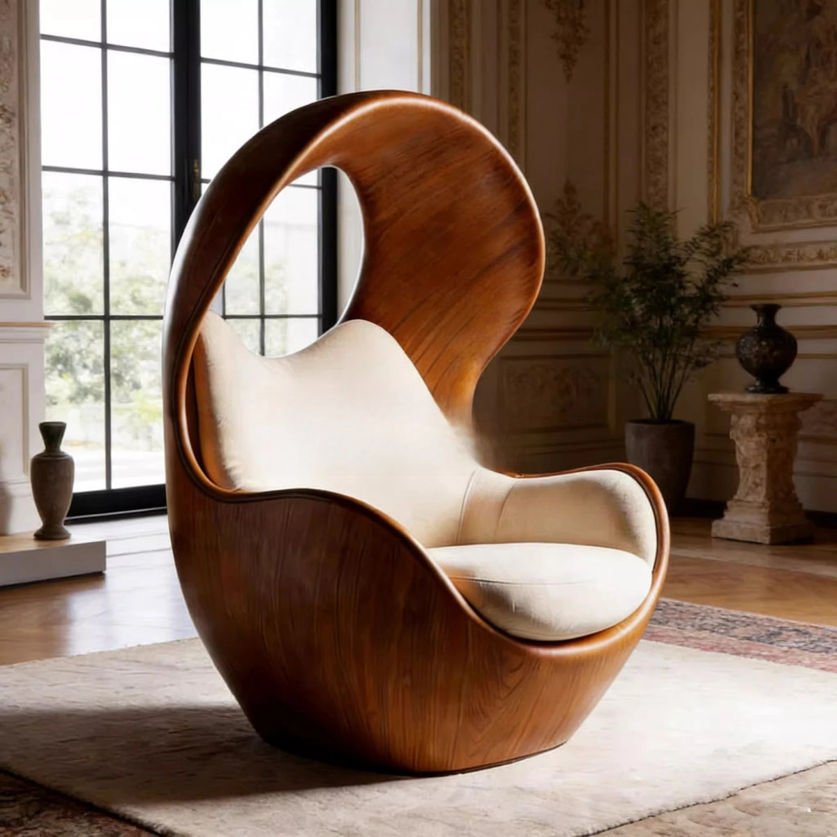 Internet celebrity eggshell single sofa chair retro solid wood surrounded lazy chair living room light luxury artistic leisure