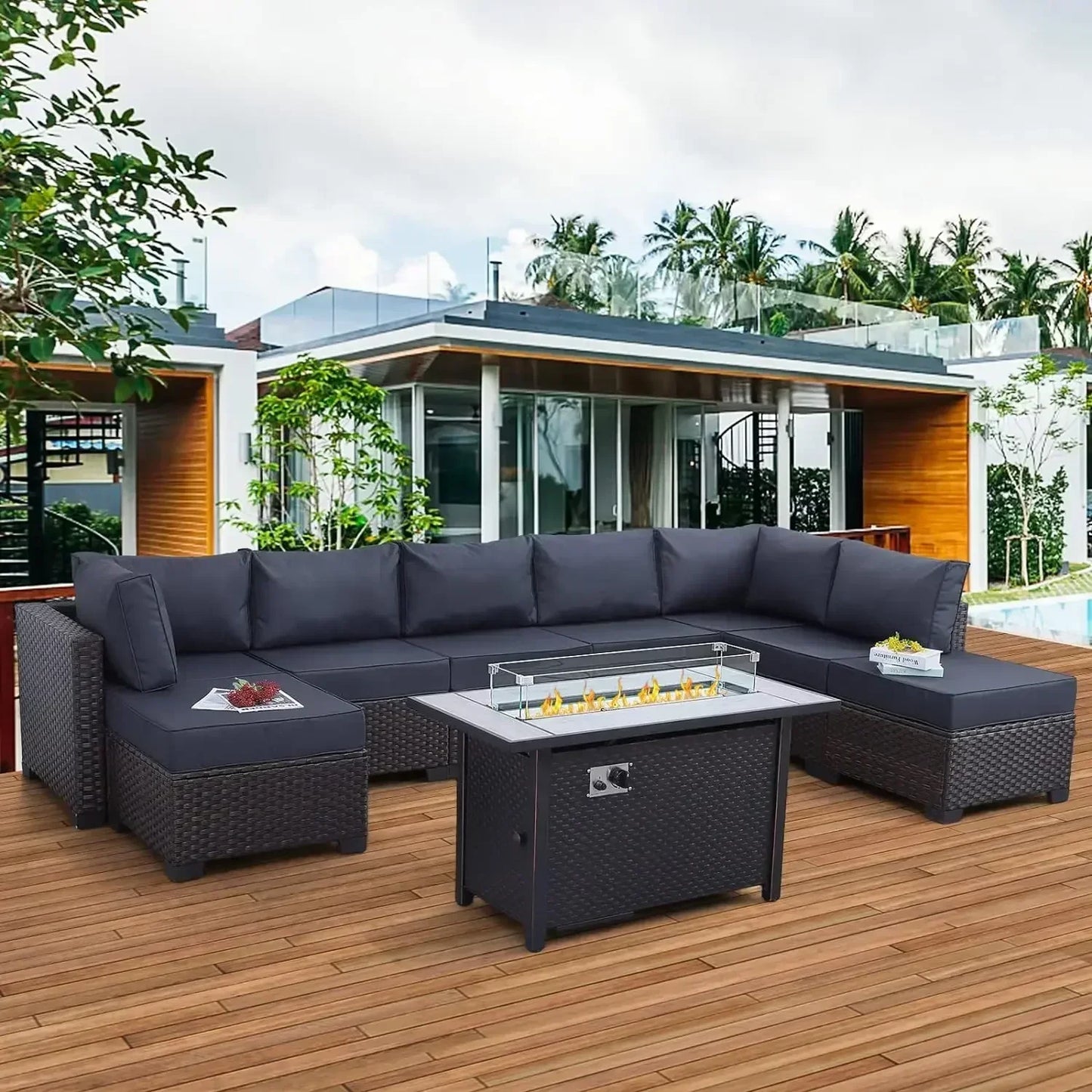 /-Patio Furniture 9 Piec Set with Cushions and 45” Gas fire Pit Table, Outdoor PE Rattan Sectional Conversation Sofa Set
