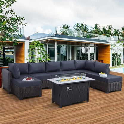 /-Patio Furniture 9 Piec Set with Cushions and 45” Gas fire Pit Table, Outdoor PE Rattan Sectional Conversation Sofa Set