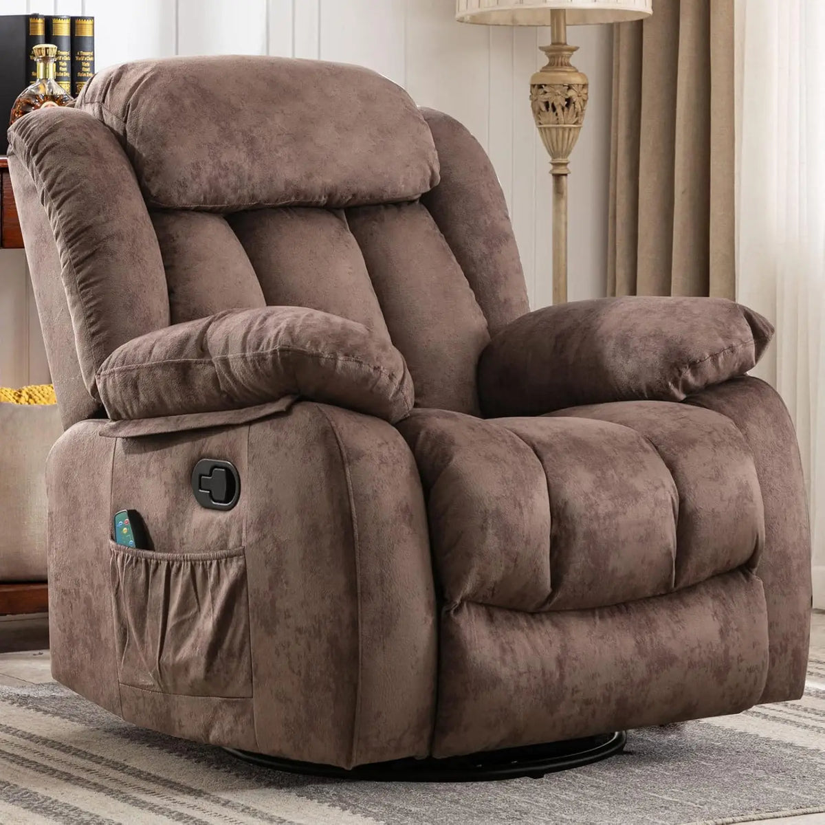 Massage Rocker Recliner with Heat and Vibration, 360 Degree Swivel Manual Antiskid Fabric Single Sofa Heavy Duty Reclining Chair