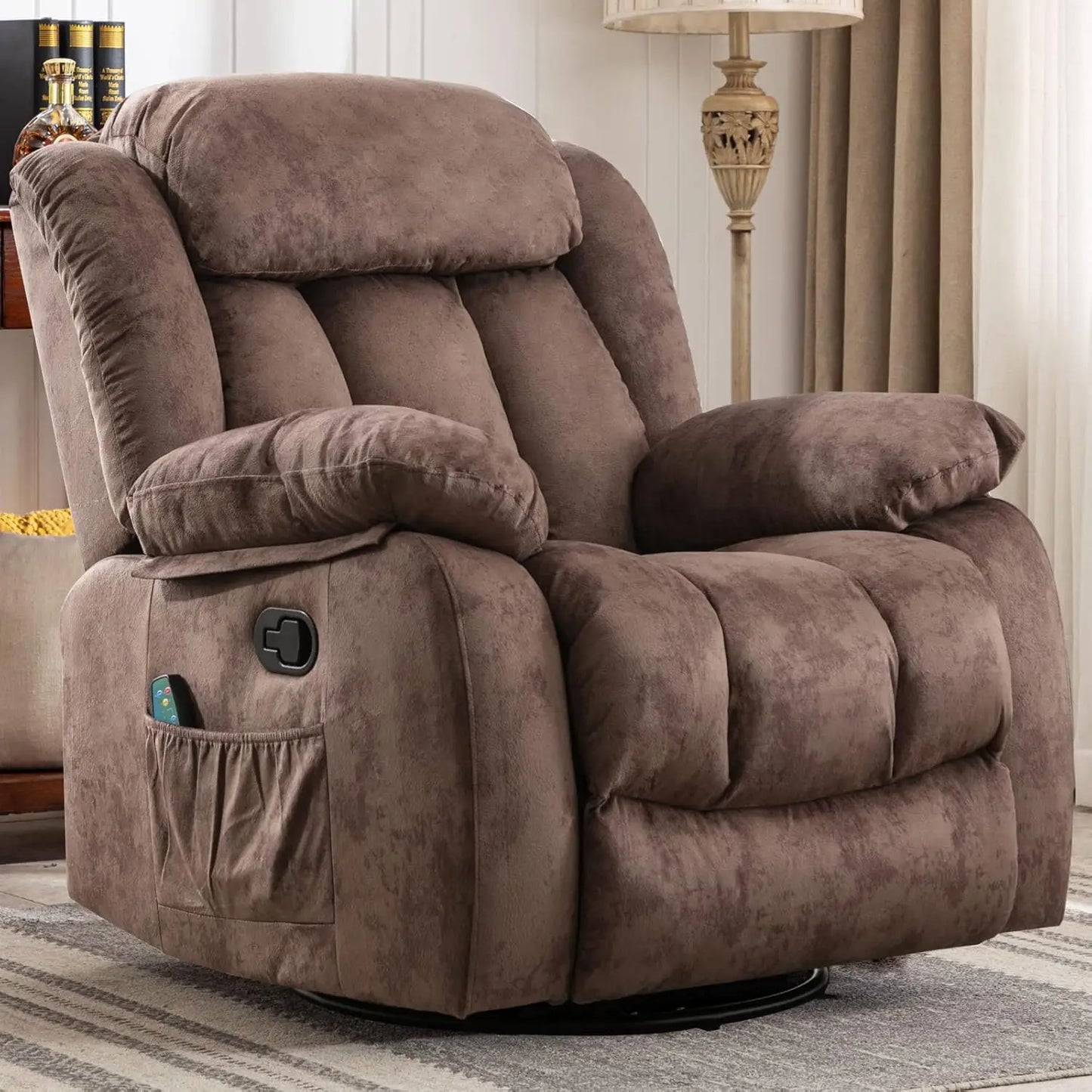 Massage Rocker Recliner with Heat and Vibration, 360 Degree Swivel Manual Antiskid Fabric Single Sofa Heavy Duty Reclining Chair