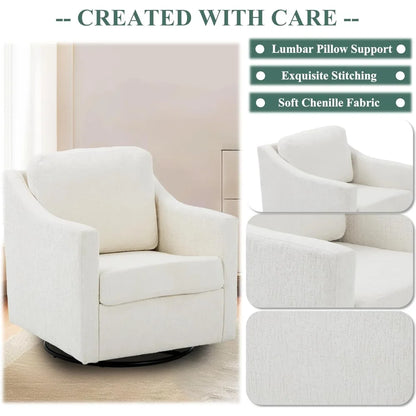 Swivel Accent Chair, 360° Rotation Chenille Fabric Upholstered Leisure Armchair with Lumbar Pillow for Living Room Bedroom Home