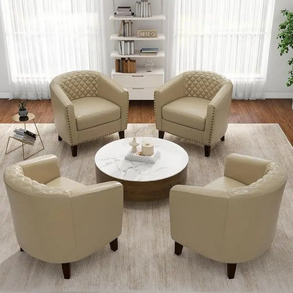 Faux Leather Barrel Accent Chairs Set of 4, Modern Club Arm Chair Comfy Upholstered Single Sofa Chair, Beige