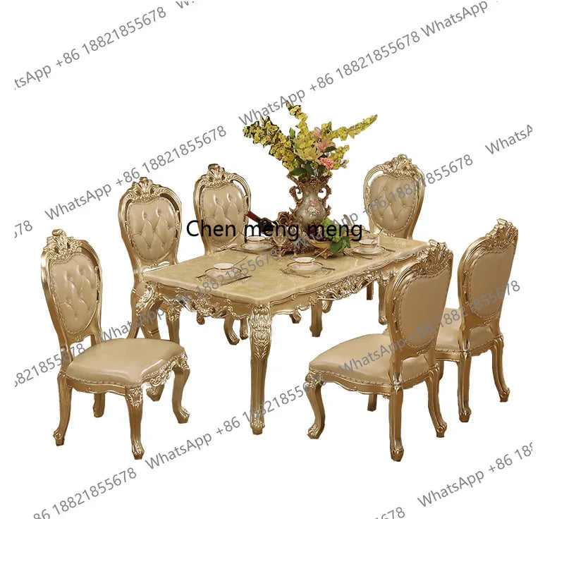European-style Champagne Gold Dining Table and Chairs with Carvings, 1.6m Tables,  Carved Marble Long Dining Table and Chairs