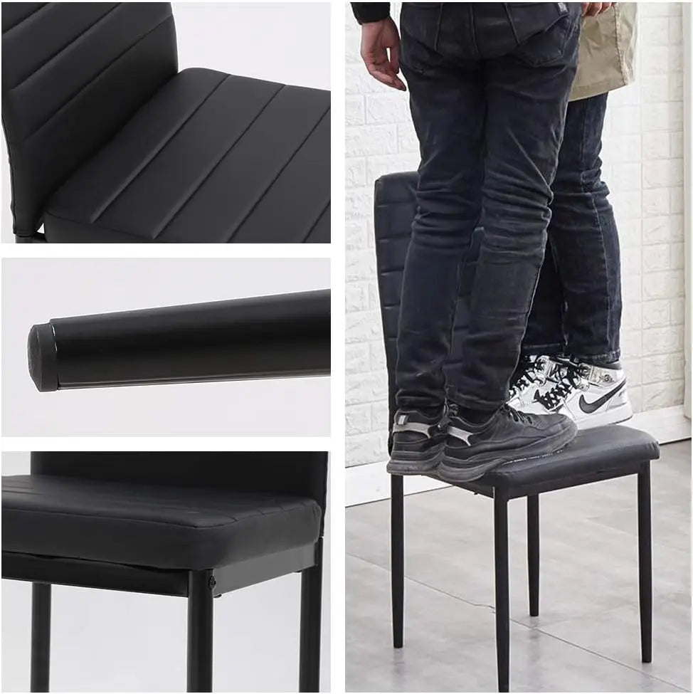 5-Piece Dining Table Set, Rectangular Black Glass Table with 4 Faux Leather Metal Chairs, Modern for Small Spaces