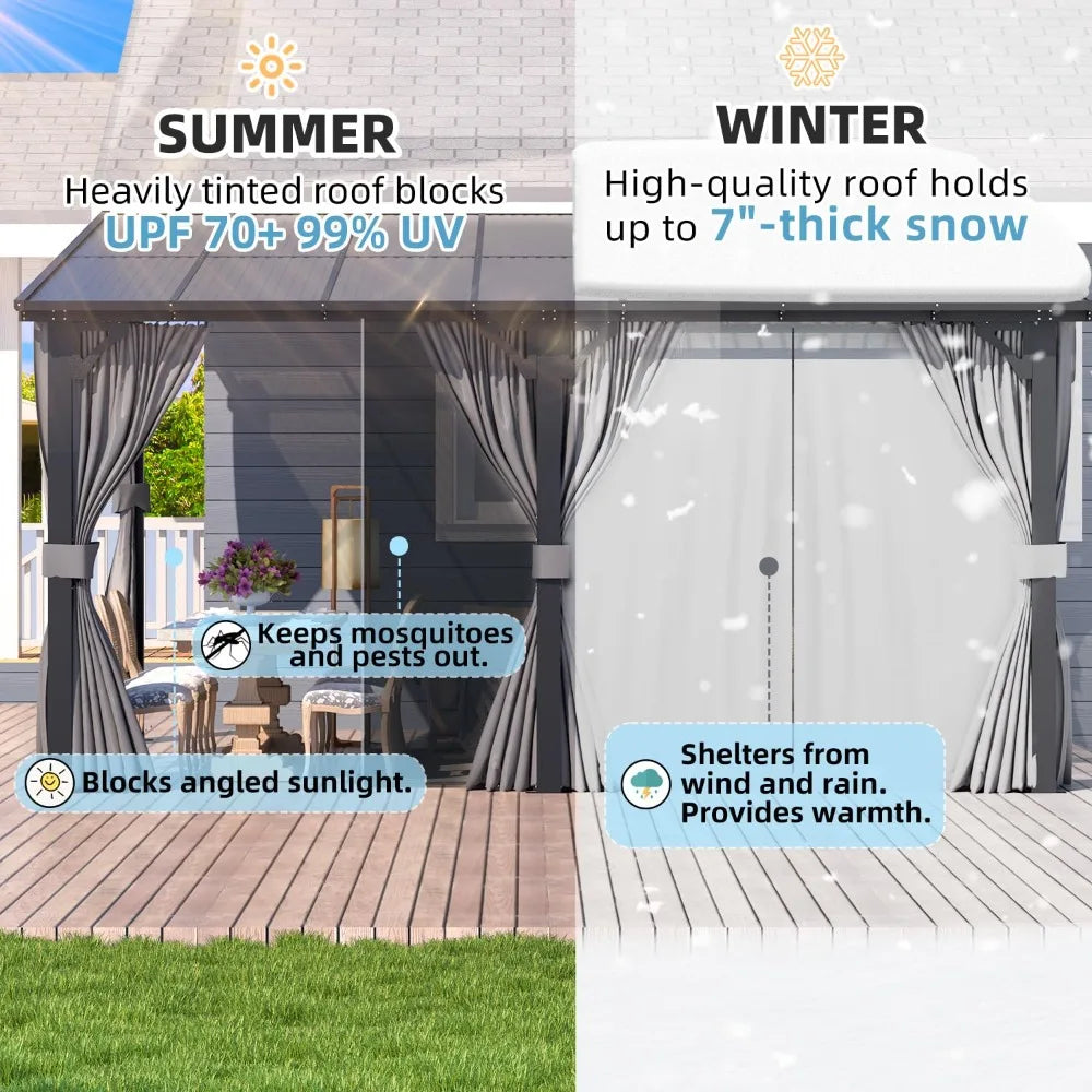 Hard Top Lean-to Gazebo Pergola Curtains & Netting Wall-Mounted Patio Deck Awning, Custom