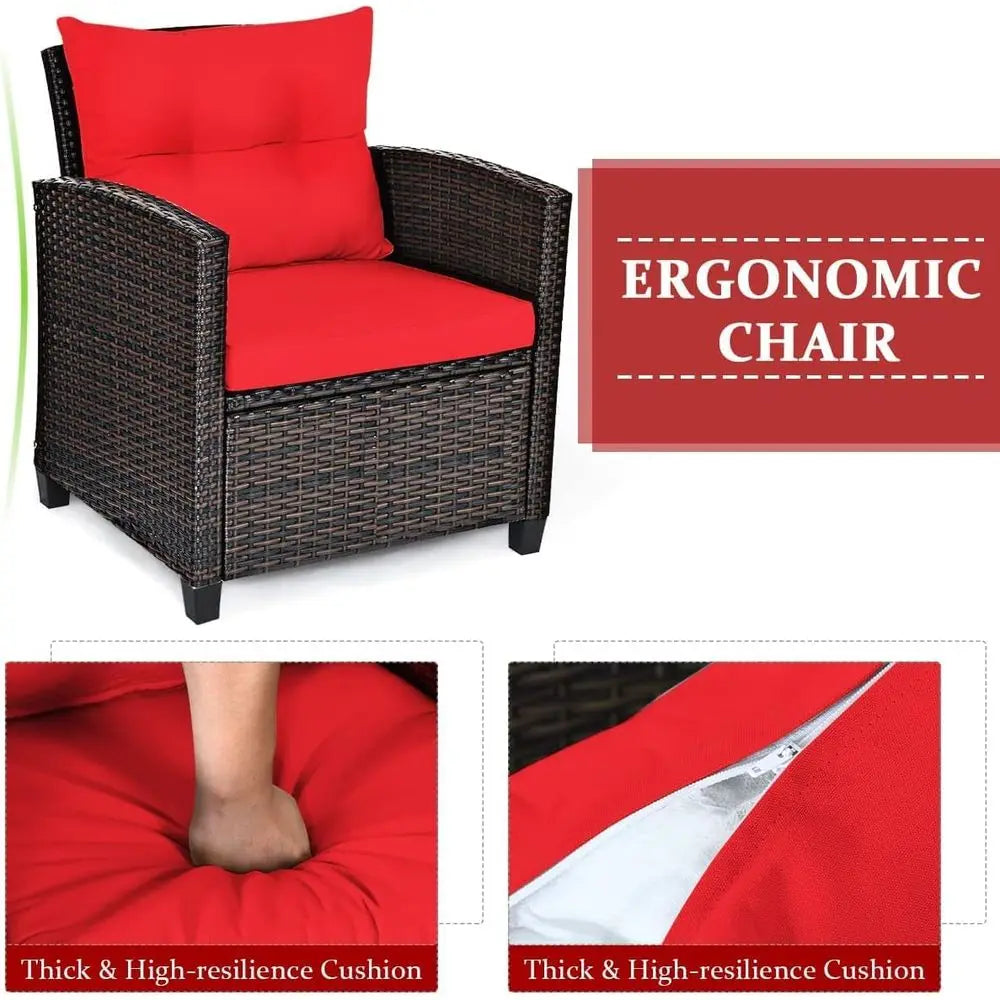 3-Piece PE Rattan Outdoor Sofa Set with Cushions and Glass Table for Patio, Balcony, Garden, Poolside (Red)