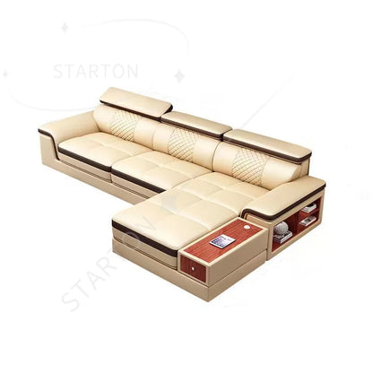 Stylish  Leather Sofa for Living Room with Cup Holder, USB, Adjustable Headrests & Bluetooth Speaker