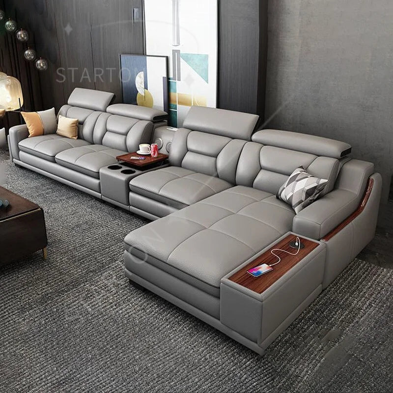 Wholesale Smart Leather Sectional Sofa Set with Bluetooth Speaker - Modern L-Shaped 7-Seater Luxury Living Room Furniture