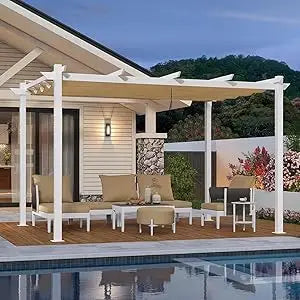 10' x 13' Outdoor Aluminum Pergola White Heavy-Duty Retractable Pergola Patio Metal with Double Sun Shade Canopy for Gardens De