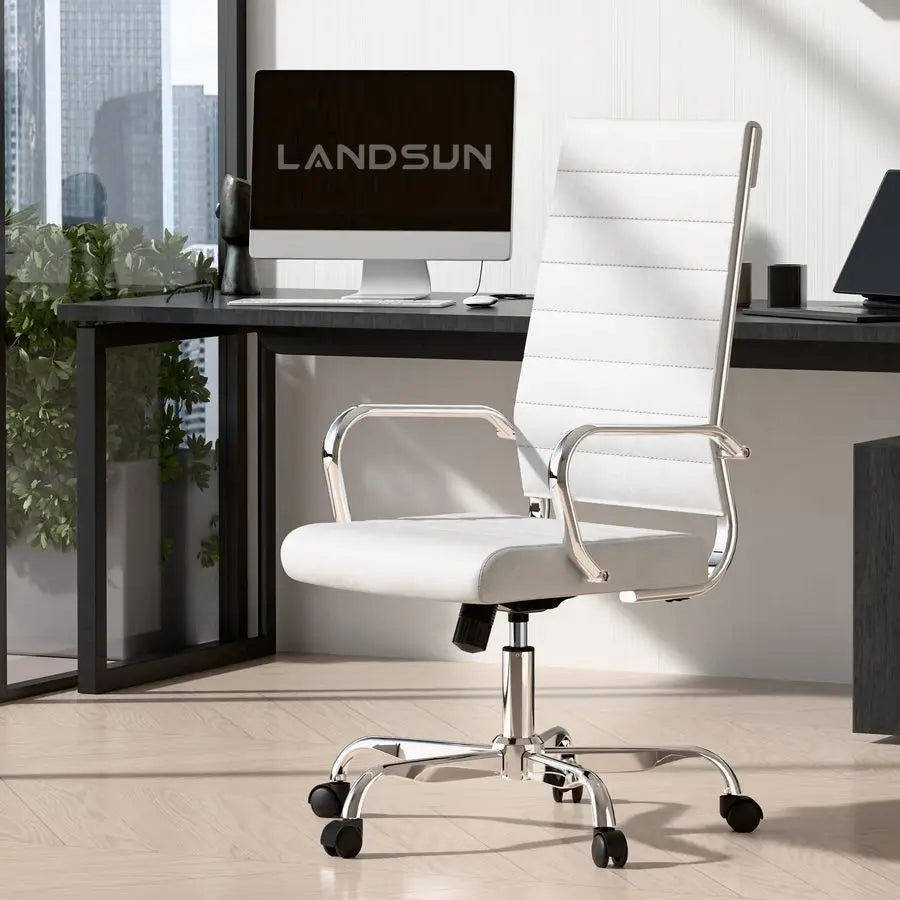 Home Office Chair Ribbed Leather High Back Executive Swivel Computer Desk Chairs with Wheels and Armrests Soft Padded Adjustable
