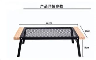 Outdoor Camping Table Mini Wrought Iron Folding Table Storage Barbecue Multi-functional Barbecue Net Table with Wooden Edge