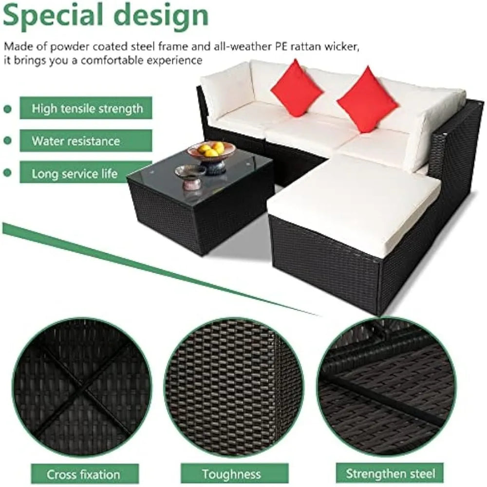 5 Pieces Patio Furniture Outdoor Wicker Sectional Patio Rattan Chair， Conversation Backyard Lawn Porch Poolside Balcony Garden