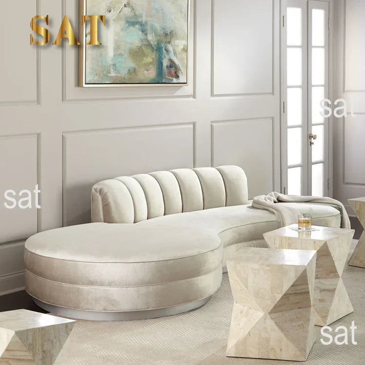 -Luxury Living Room Gold Stainless Steel Curved Sofa Velvet Upholstered Hotel Home Sofa