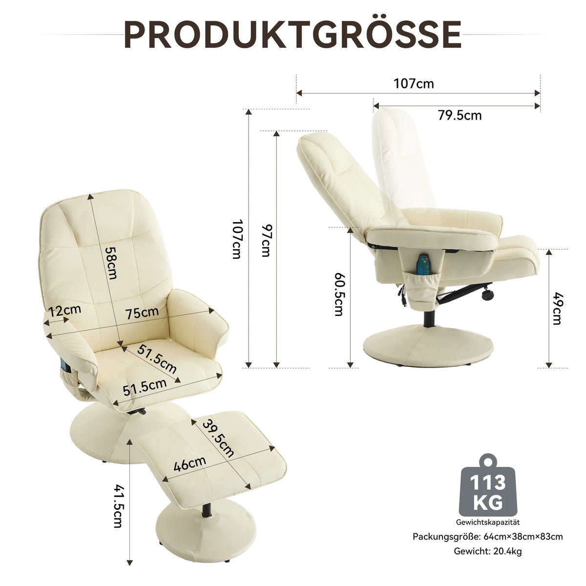 Massage chair with reclining function, heating & footstool, reclining TV chair made of PU fabric, 360° swivel, beige