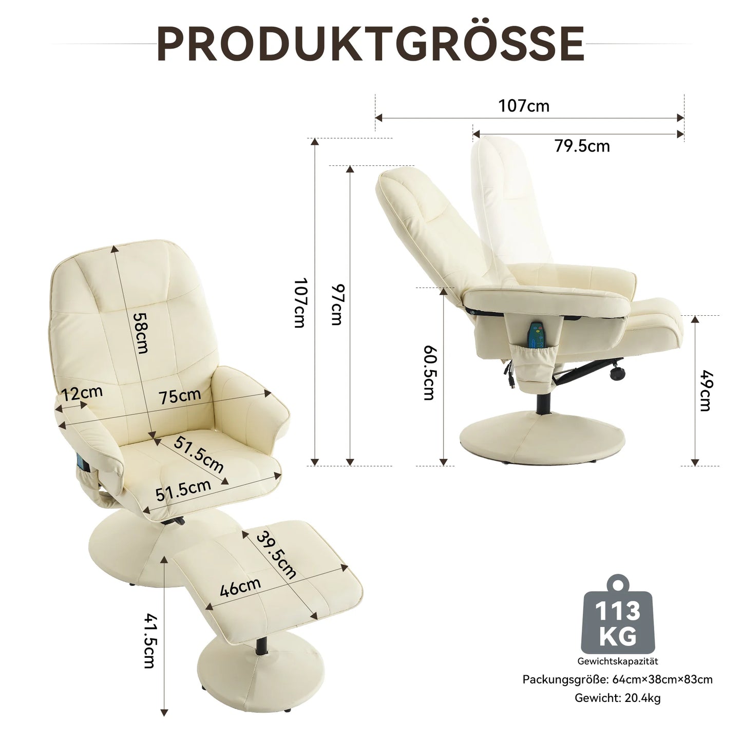 Massage chair with reclining function, heating & footstool, reclining TV chair made of PU fabric, 360° swivel, beige