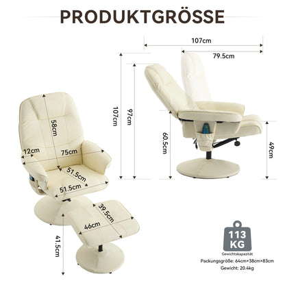 Massage chair with reclining function, heating & footstool, reclining TV chair made of PU fabric, 360° swivel, beige
