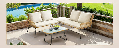 4-Piece Outdoor Sectional Set, Wicker Patio Couch Sets and Glass Coffee Table, L-Shaped Waterproof Olefin Fabric Outdoor Sofa