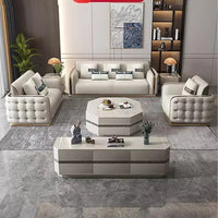 Luxury Modern Leather Couch Living Room High End Chesterfield Sofa Set Furniture With Gold Stainless Steel Decoration Villa Sofa