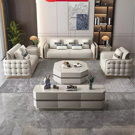 Luxury Modern Leather Couch Living Room High End Chesterfield Sofa Set Furniture With Gold Stainless Steel Decoration Villa Sofa
