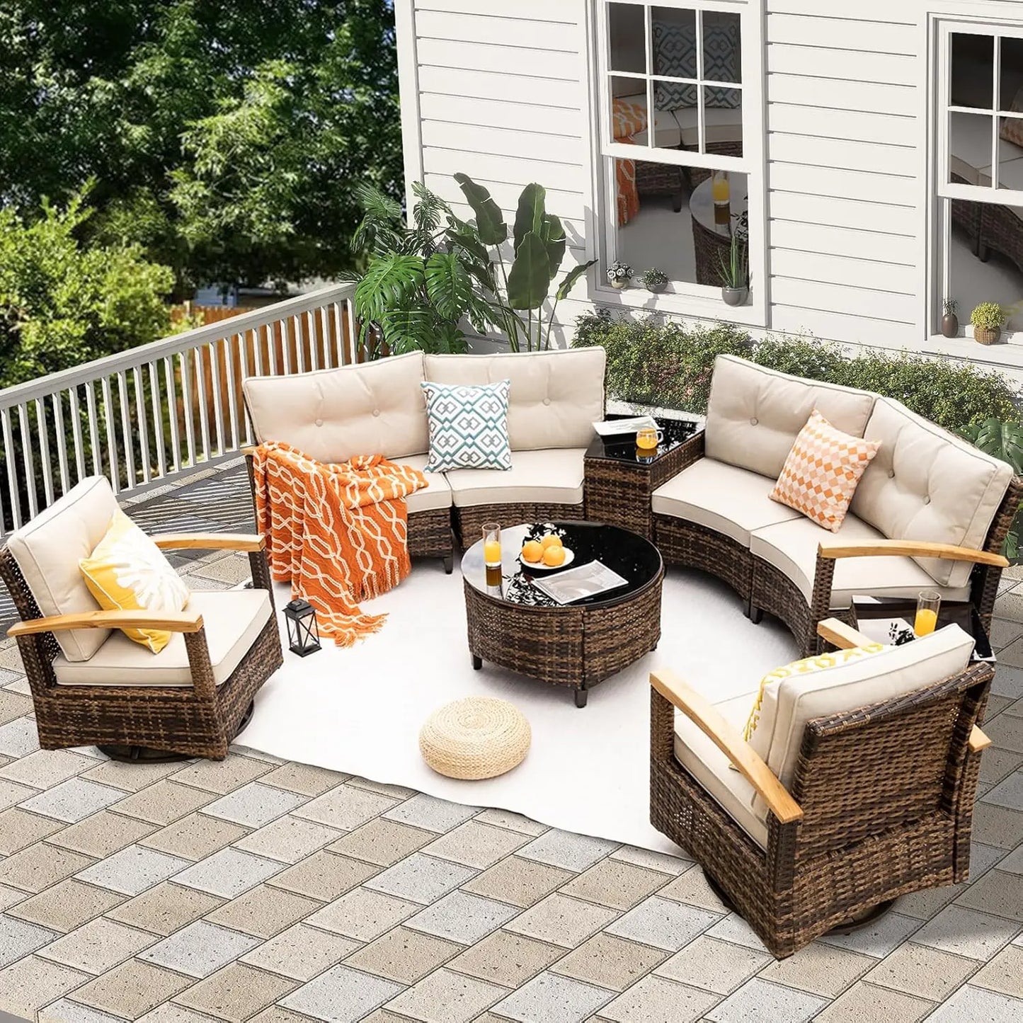 Half Moon Rattan Patio Conversation Set, Multi-Piece Outdoor Furniture