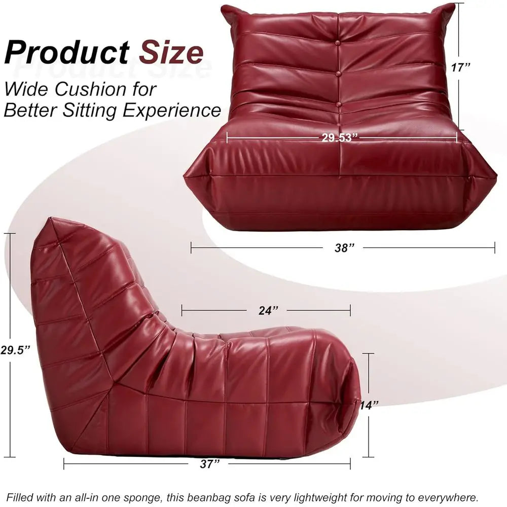 Memory Foam Bean Bag Chair - Adult Sofa, Faux Leather Armless Seat for Living Room, Bedroom, or Office (Wine Red)