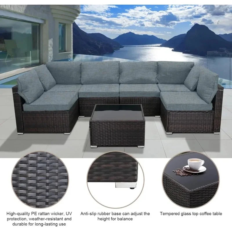 Outdoor Patio Furniture Set, Wicker Sofa with Tea Table, Rattan Conversation Sectional Set