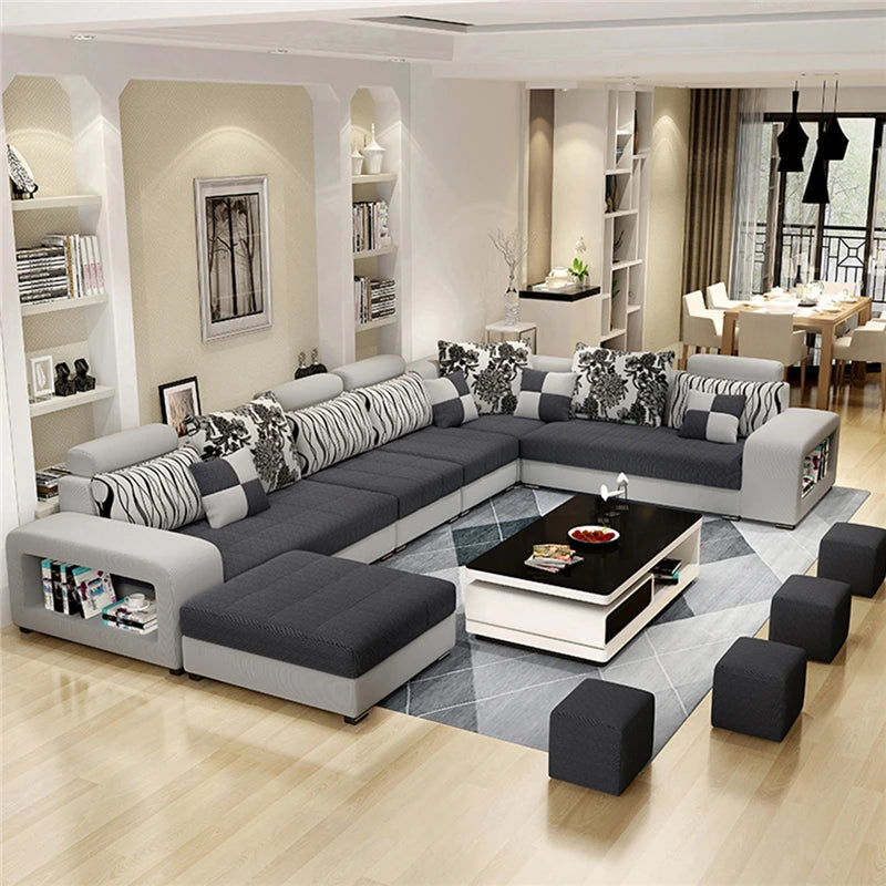 European Luxury Living Room Sofas 7 Seater U Shaped Home Furniture Wooden Fabric Armchair Corner Recliner Sectional  Sofa Set