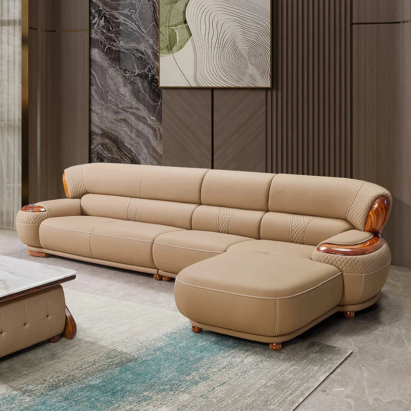 European leather sofa combination high-end living room corner luxury ebony wood first layer cowhide